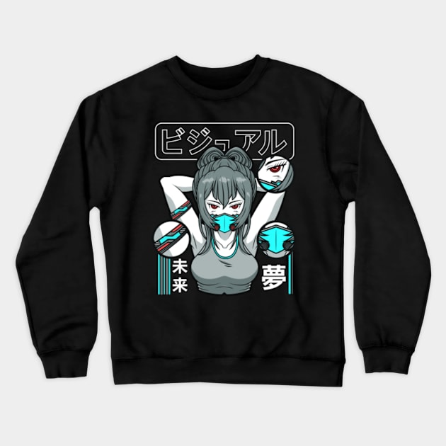 Aesthetic Vaporwave Waifu Anime Mask Girl Crewneck Sweatshirt by Khal1